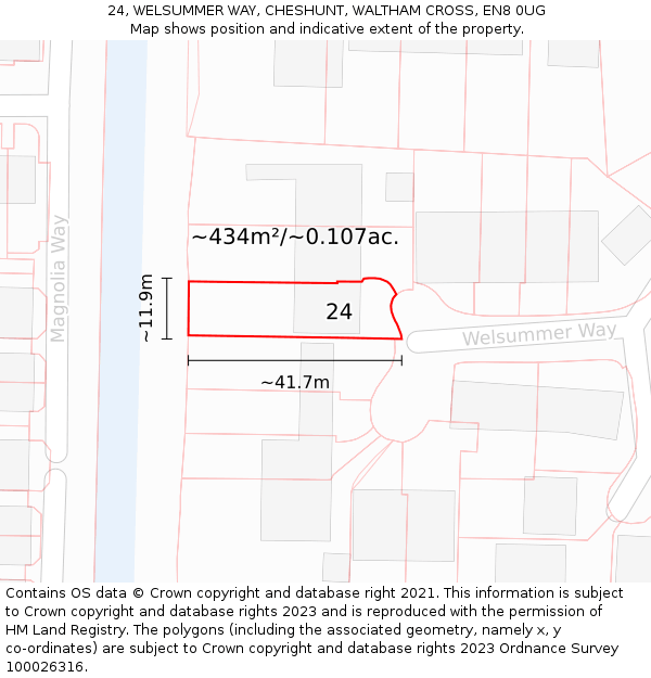 24, WELSUMMER WAY, CHESHUNT, WALTHAM CROSS, EN8 0UG: Plot and title map
