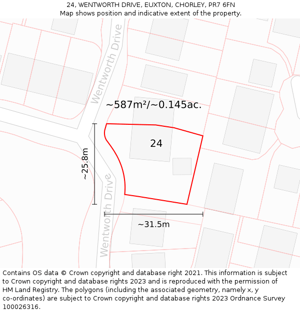 24, WENTWORTH DRIVE, EUXTON, CHORLEY, PR7 6FN: Plot and title map