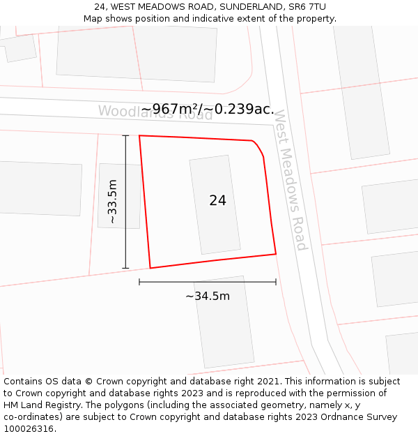 24, WEST MEADOWS ROAD, SUNDERLAND, SR6 7TU: Plot and title map