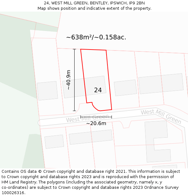 24, WEST MILL GREEN, BENTLEY, IPSWICH, IP9 2BN: Plot and title map