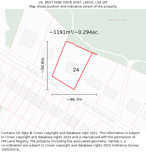 24, WEST PARK DRIVE EAST, LEEDS, LS8 2EF: Plot and title map