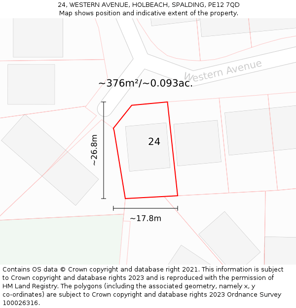 24, WESTERN AVENUE, HOLBEACH, SPALDING, PE12 7QD: Plot and title map