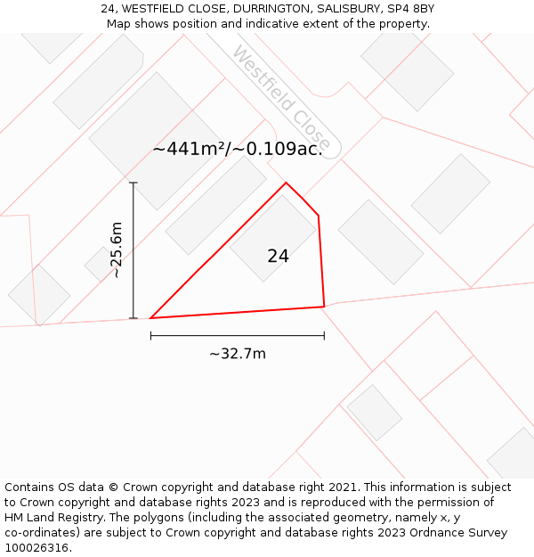 24, WESTFIELD CLOSE, DURRINGTON, SALISBURY, SP4 8BY: Plot and title map