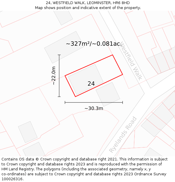 24, WESTFIELD WALK, LEOMINSTER, HR6 8HD: Plot and title map
