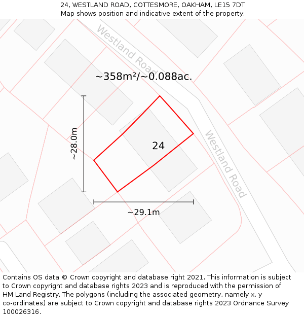 24, WESTLAND ROAD, COTTESMORE, OAKHAM, LE15 7DT: Plot and title map