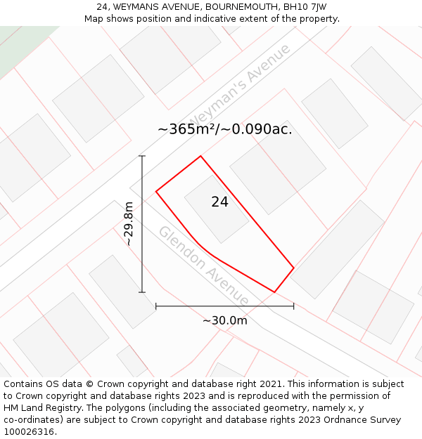 24, WEYMANS AVENUE, BOURNEMOUTH, BH10 7JW: Plot and title map