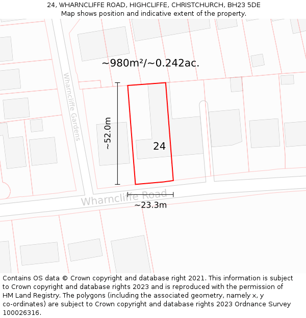 24, WHARNCLIFFE ROAD, HIGHCLIFFE, CHRISTCHURCH, BH23 5DE: Plot and title map