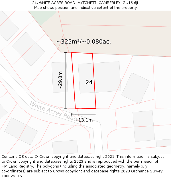 24, WHITE ACRES ROAD, MYTCHETT, CAMBERLEY, GU16 6JL: Plot and title map