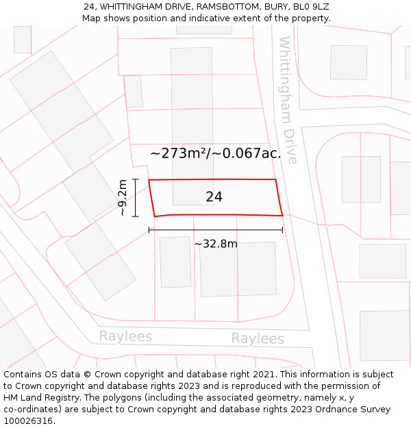 24, WHITTINGHAM DRIVE, RAMSBOTTOM, BURY, BL0 9LZ: Plot and title map