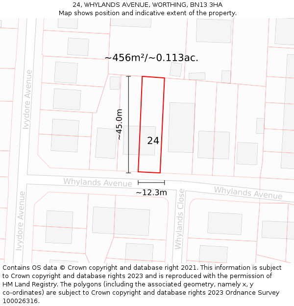 24, WHYLANDS AVENUE, WORTHING, BN13 3HA: Plot and title map
