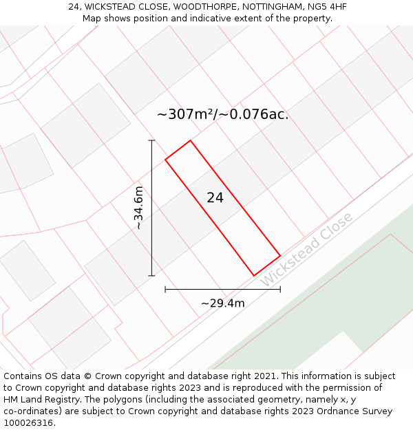 24, WICKSTEAD CLOSE, WOODTHORPE, NOTTINGHAM, NG5 4HF: Plot and title map