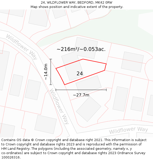 24, WILDFLOWER WAY, BEDFORD, MK42 0RW: Plot and title map
