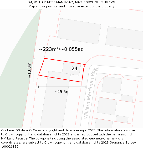 24, WILLIAM MERRIMAN ROAD, MARLBOROUGH, SN8 4YW: Plot and title map