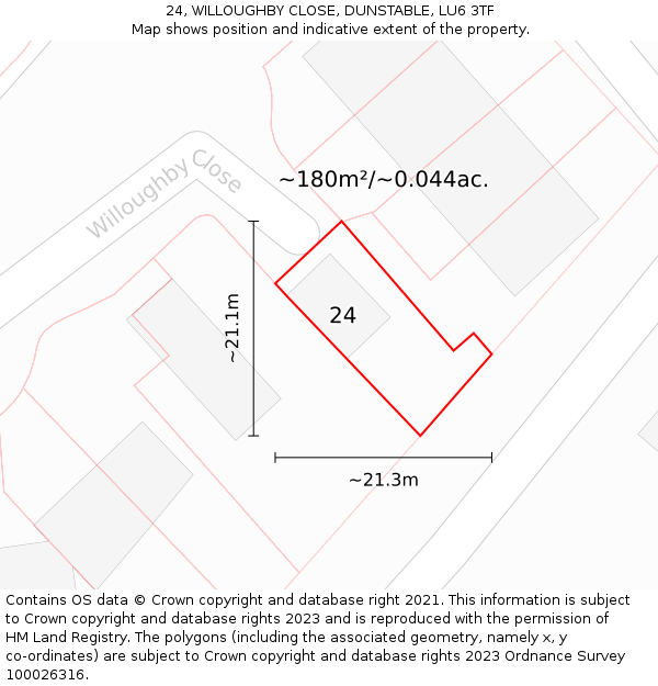 24, WILLOUGHBY CLOSE, DUNSTABLE, LU6 3TF: Plot and title map