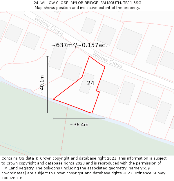 24, WILLOW CLOSE, MYLOR BRIDGE, FALMOUTH, TR11 5SG: Plot and title map