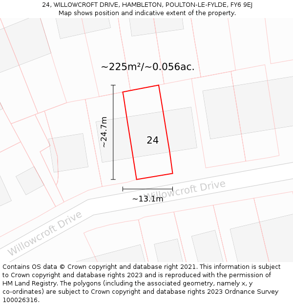 24, WILLOWCROFT DRIVE, HAMBLETON, POULTON-LE-FYLDE, FY6 9EJ: Plot and title map