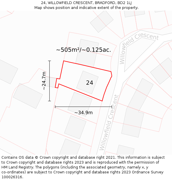 24, WILLOWFIELD CRESCENT, BRADFORD, BD2 1LJ: Plot and title map