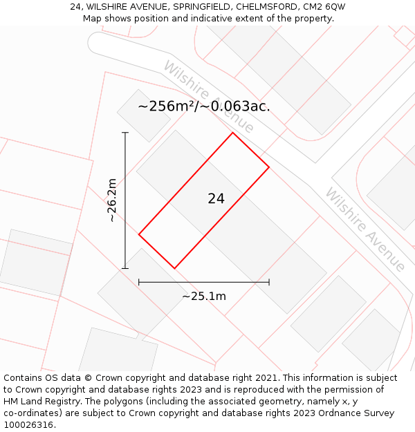 24, WILSHIRE AVENUE, SPRINGFIELD, CHELMSFORD, CM2 6QW: Plot and title map
