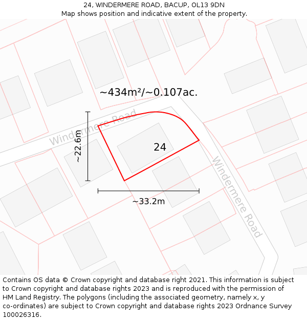 24, WINDERMERE ROAD, BACUP, OL13 9DN: Plot and title map