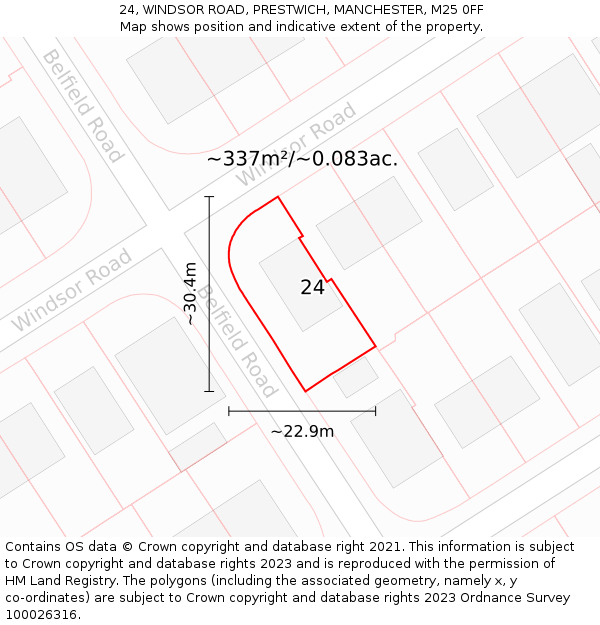 24, WINDSOR ROAD, PRESTWICH, MANCHESTER, M25 0FF: Plot and title map