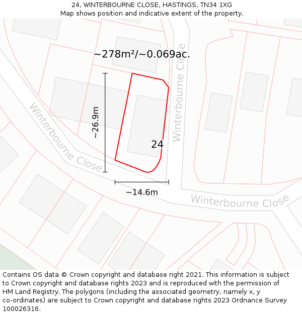 24, WINTERBOURNE CLOSE, HASTINGS, TN34 1XG: Plot and title map