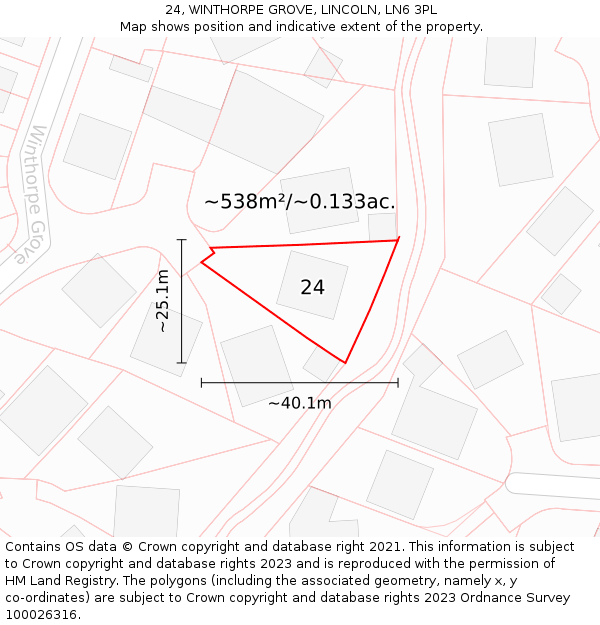 24, WINTHORPE GROVE, LINCOLN, LN6 3PL: Plot and title map
