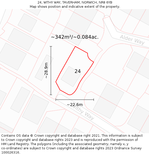 24, WITHY WAY, TAVERHAM, NORWICH, NR8 6YB: Plot and title map