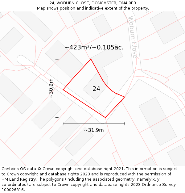 24, WOBURN CLOSE, DONCASTER, DN4 9ER: Plot and title map