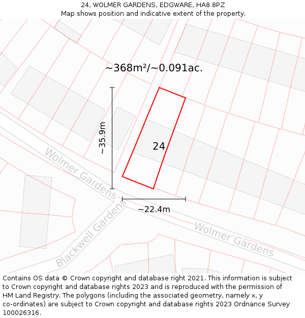 24, WOLMER GARDENS, EDGWARE, HA8 8PZ: Plot and title map