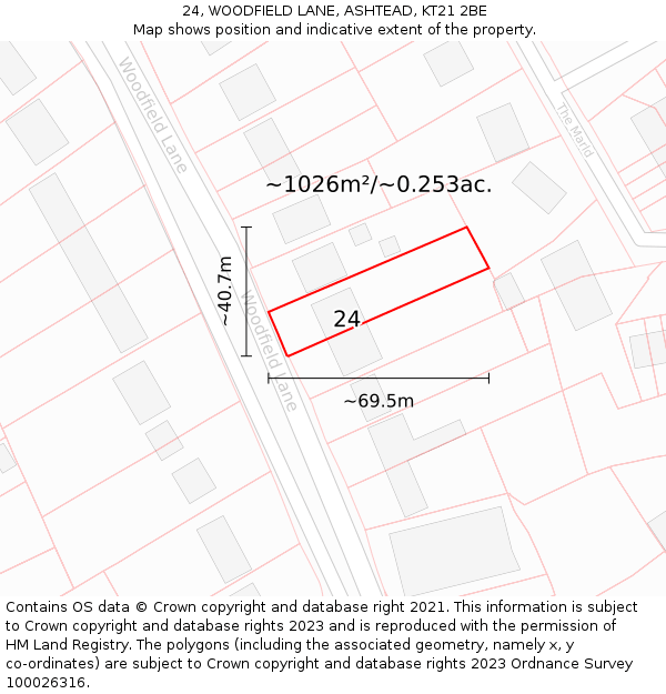 24, WOODFIELD LANE, ASHTEAD, KT21 2BE: Plot and title map