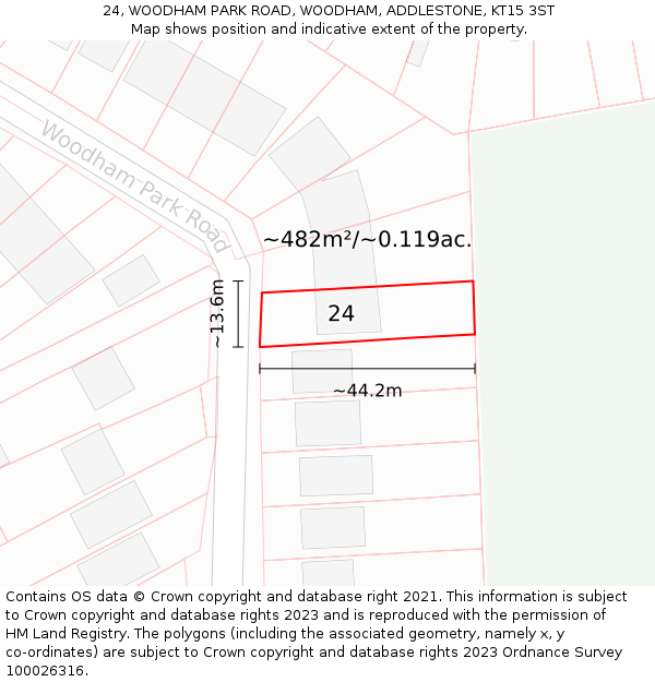 24, WOODHAM PARK ROAD, WOODHAM, ADDLESTONE, KT15 3ST: Plot and title map