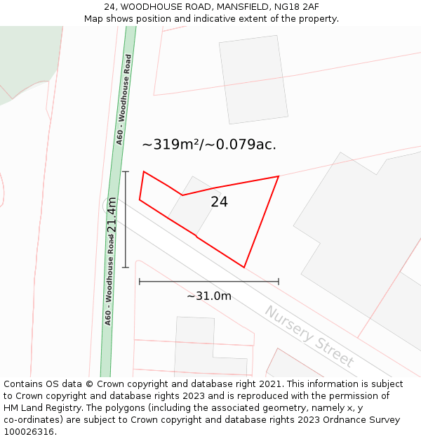 24, WOODHOUSE ROAD, MANSFIELD, NG18 2AF: Plot and title map