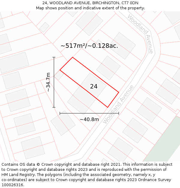24, WOODLAND AVENUE, BIRCHINGTON, CT7 0DN: Plot and title map