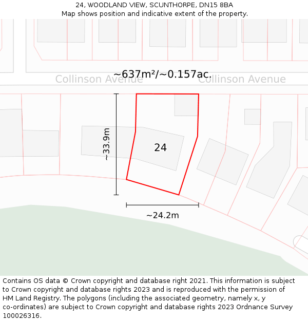 24, WOODLAND VIEW, SCUNTHORPE, DN15 8BA: Plot and title map
