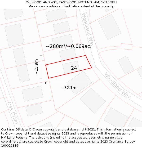 24, WOODLAND WAY, EASTWOOD, NOTTINGHAM, NG16 3BU: Plot and title map
