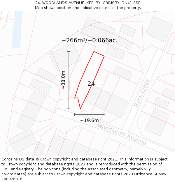 24, WOODLANDS AVENUE, KEELBY, GRIMSBY, DN41 8SF: Plot and title map