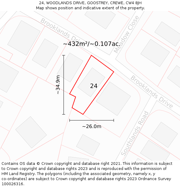 24, WOODLANDS DRIVE, GOOSTREY, CREWE, CW4 8JH: Plot and title map