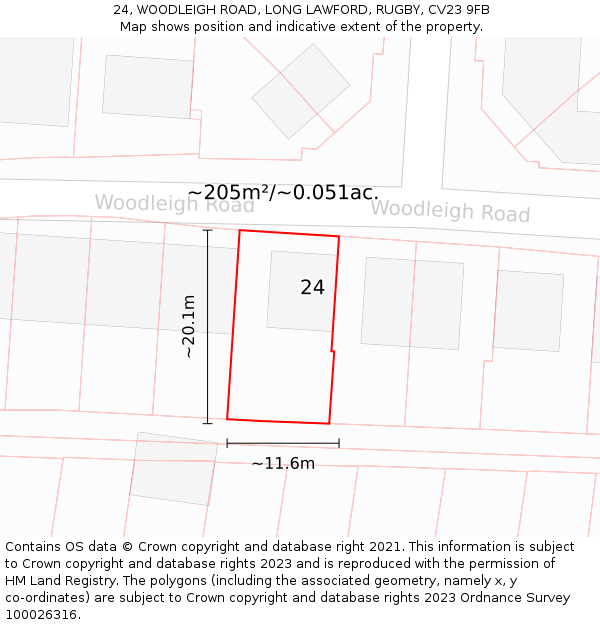 24, WOODLEIGH ROAD, LONG LAWFORD, RUGBY, CV23 9FB: Plot and title map