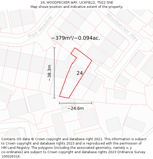 24, WOODPECKER WAY, UCKFIELD, TN22 5NE: Plot and title map