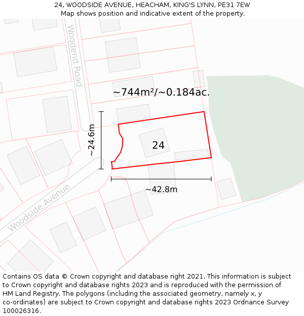 24, WOODSIDE AVENUE, HEACHAM, KING'S LYNN, PE31 7EW: Plot and title map
