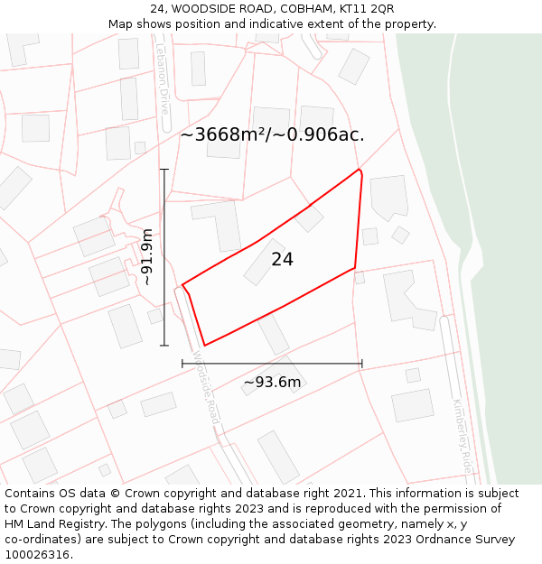 24, WOODSIDE ROAD, COBHAM, KT11 2QR: Plot and title map