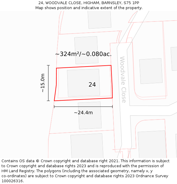 24, WOODVALE CLOSE, HIGHAM, BARNSLEY, S75 1PP: Plot and title map