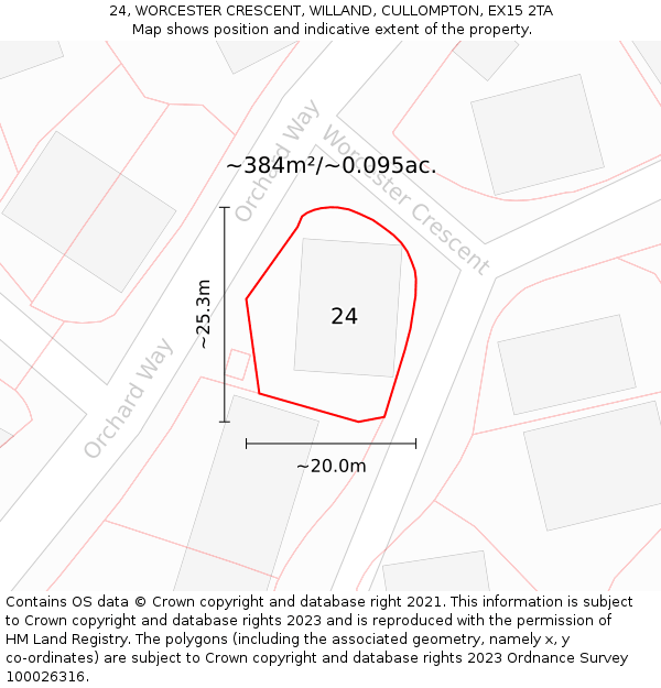 24, WORCESTER CRESCENT, WILLAND, CULLOMPTON, EX15 2TA: Plot and title map