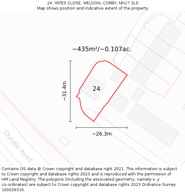 24, YATES CLOSE, WELDON, CORBY, NN17 3LS: Plot and title map