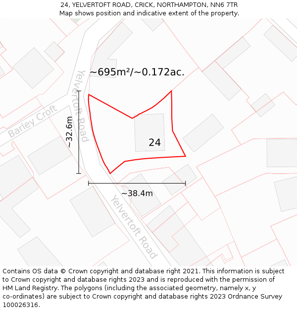 24, YELVERTOFT ROAD, CRICK, NORTHAMPTON, NN6 7TR: Plot and title map