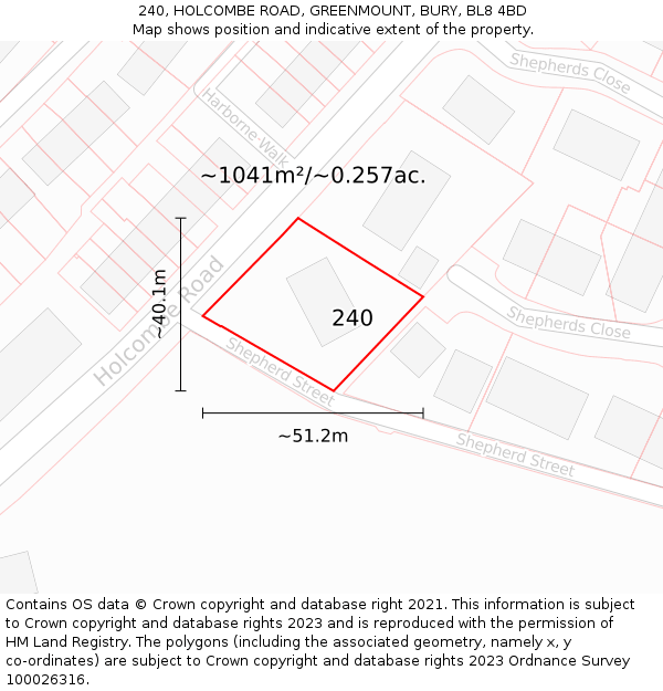 240, HOLCOMBE ROAD, GREENMOUNT, BURY, BL8 4BD: Plot and title map