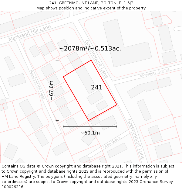 241, GREENMOUNT LANE, BOLTON, BL1 5JB: Plot and title map