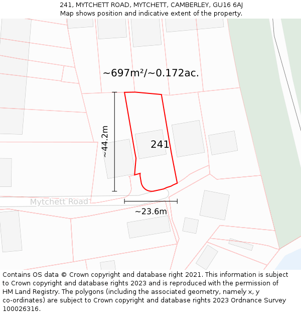 241, MYTCHETT ROAD, MYTCHETT, CAMBERLEY, GU16 6AJ: Plot and title map