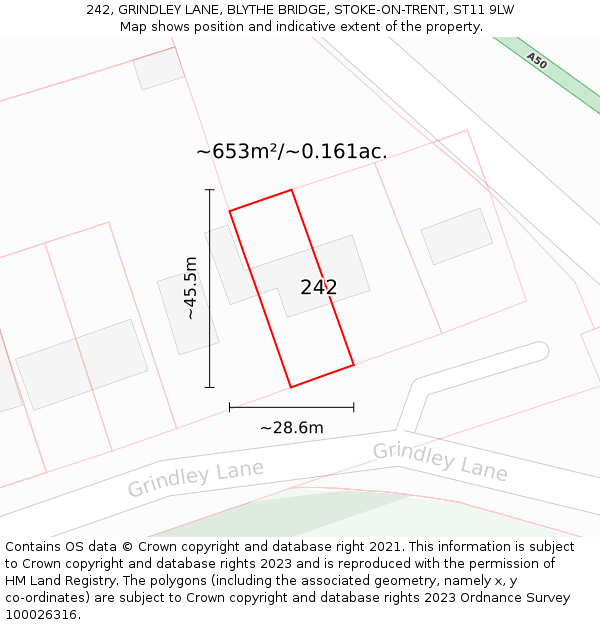 242, GRINDLEY LANE, BLYTHE BRIDGE, STOKE-ON-TRENT, ST11 9LW: Plot and title map