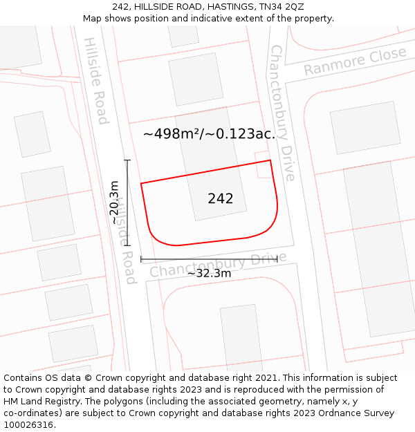 242, HILLSIDE ROAD, HASTINGS, TN34 2QZ: Plot and title map